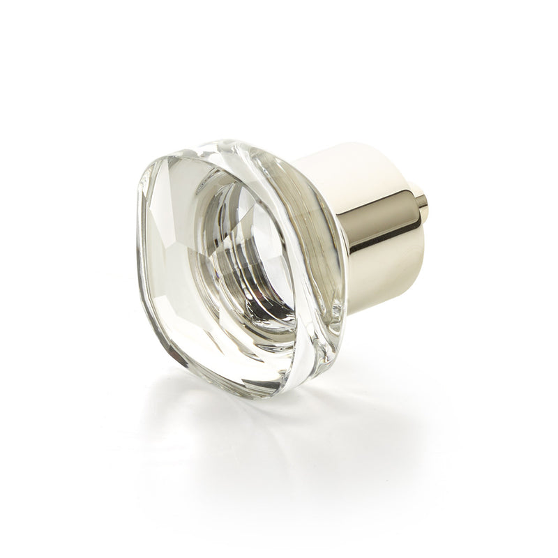 Schaub City Lights, Soft Square Glass Knob with brass base in Polished Nickel