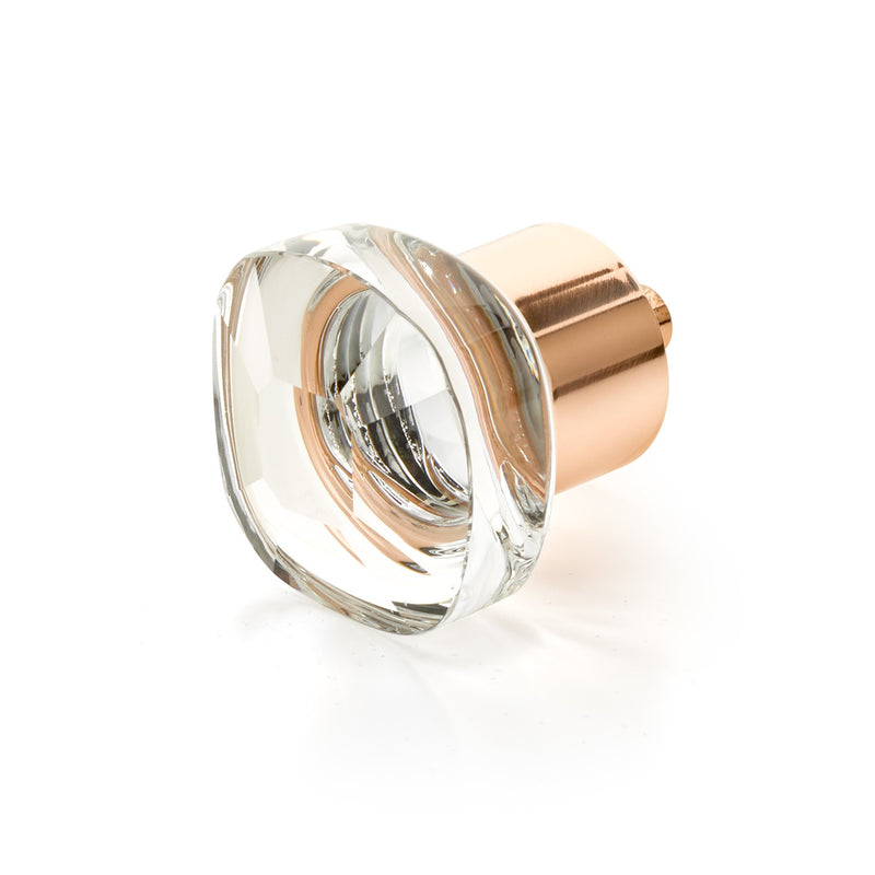 Schaub City Lights, Soft Square Glass Knob with brass base in Polished Rose Gold