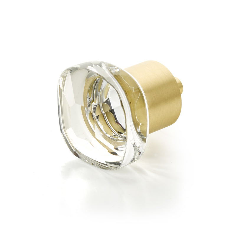 Schaub City Lights, Soft Square Glass Knob with brass base in Satin Brass