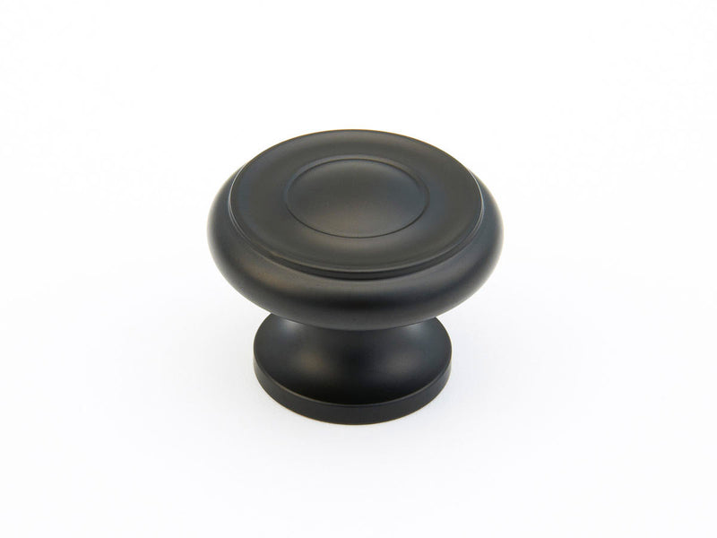 Schaub Traditional / Colonial, Stepped Round Knob, Flat Black, 1-1/2" dia