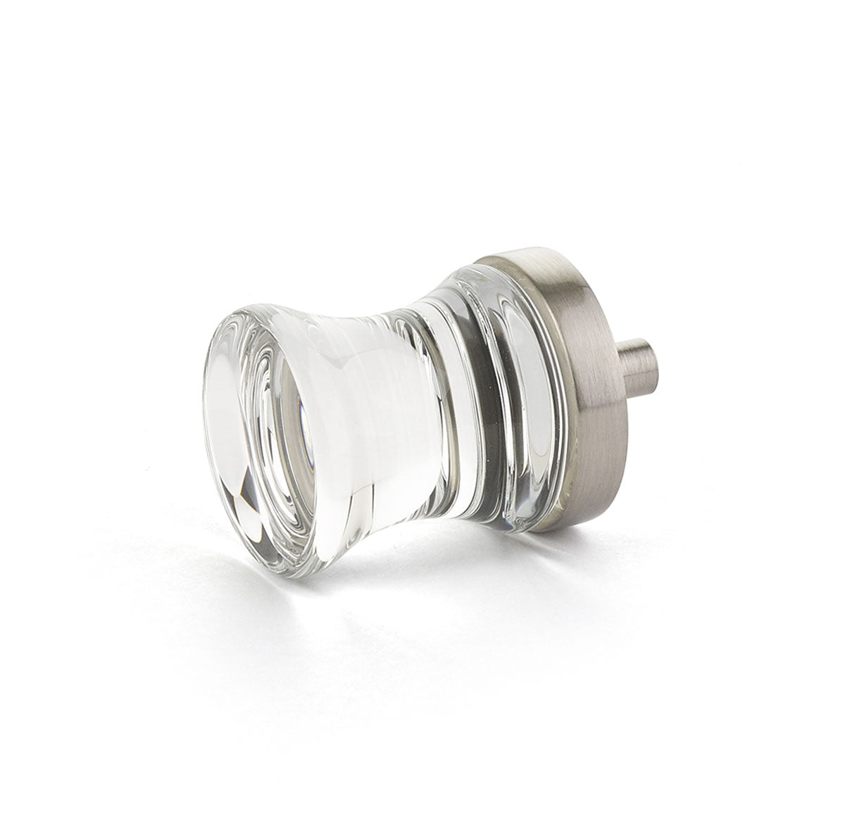 Schaub City Lights, Knob, Clear, Concave Glass, Satin Nickel base.