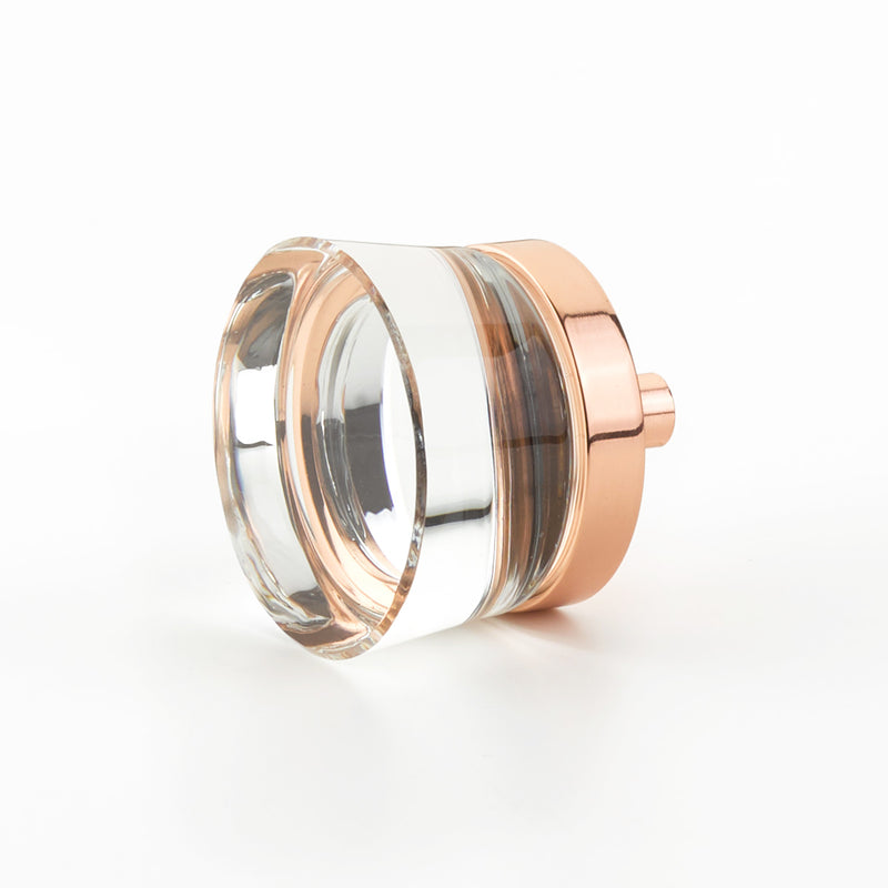 Schaub City Lights, Knob, Clear, Flat Disc Glass, Polished Rose Gold base.