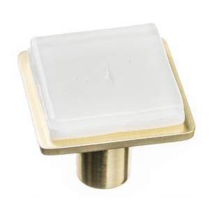 Geometric square white on square satin brass knob