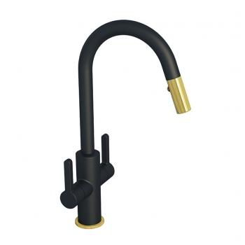 Edge two-lever handle kitchen faucet with swivel spout and pull-down spray, matte black/brushed gold combo
