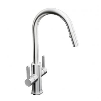 Edge two-lever handle kitchen faucet with swivel spout and pull-down spray, stainless steel finish